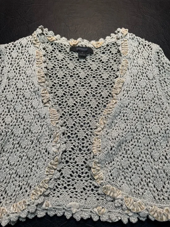 Y2K Express Crochet Lace Cardigan Ruffle Trim Festival Fairycore Boho Shrug S - Picture 4 of 10